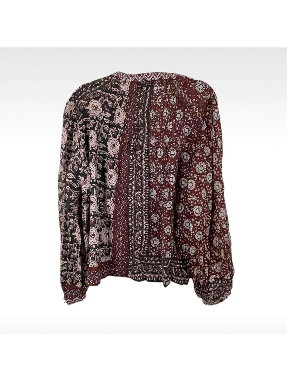 Elie Tahari XL Silk-Like Cotton Voile Patchwork Floral Tassel Blouse - Picture 7 of 7